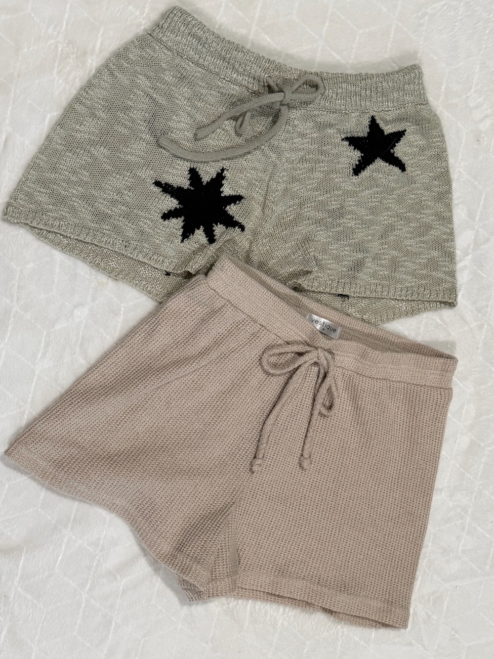 Storia,Vestique Knit Lounge Shorts Duo in Gray and Beige with Star Motif and